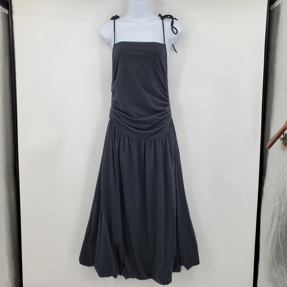 Free People FP Beach Ruched Bubble Hem Maxi Dress Black Tie Strap Drop Waist L